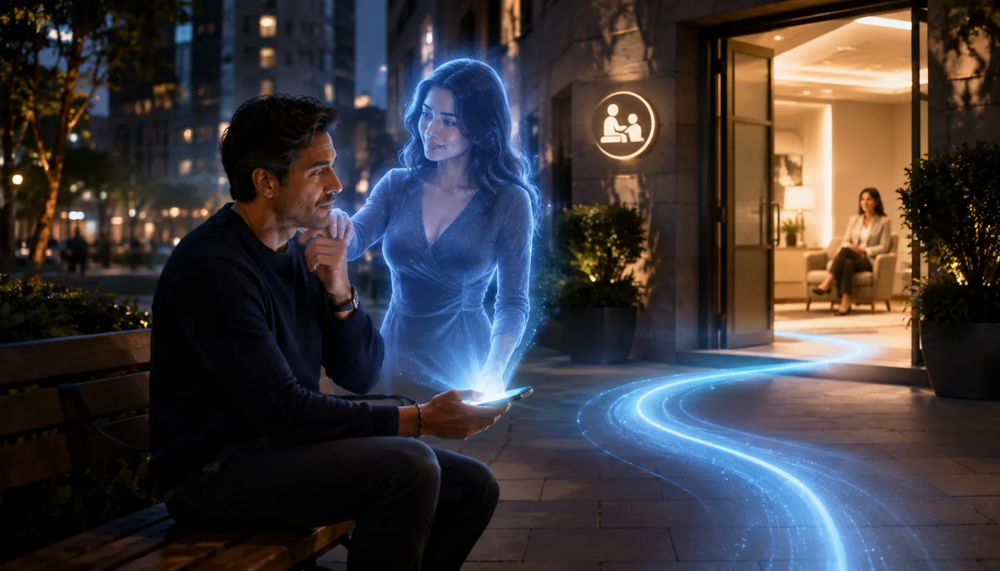 A man sitting on a bench outside a lit office at night, a translucent blue synthetic woman beside him, a glowing path leading to the door