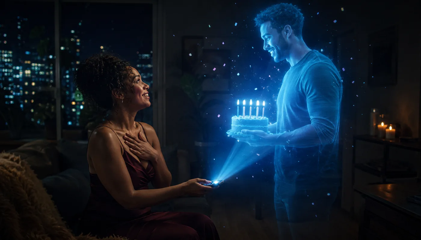 A woman in an apartment at night, a translucent blue synthetic man holding out a birthday cake with lit candles