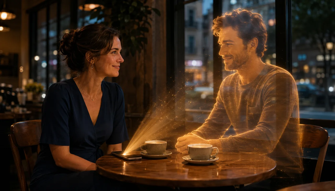 A woman at a cafe table with two cups of coffee, a translucent gold synthetic man seated across from her