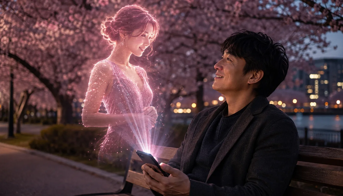 A man on a bench under cherry blossom at night, a translucent pink synthetic woman standing before him, a city skyline across the water