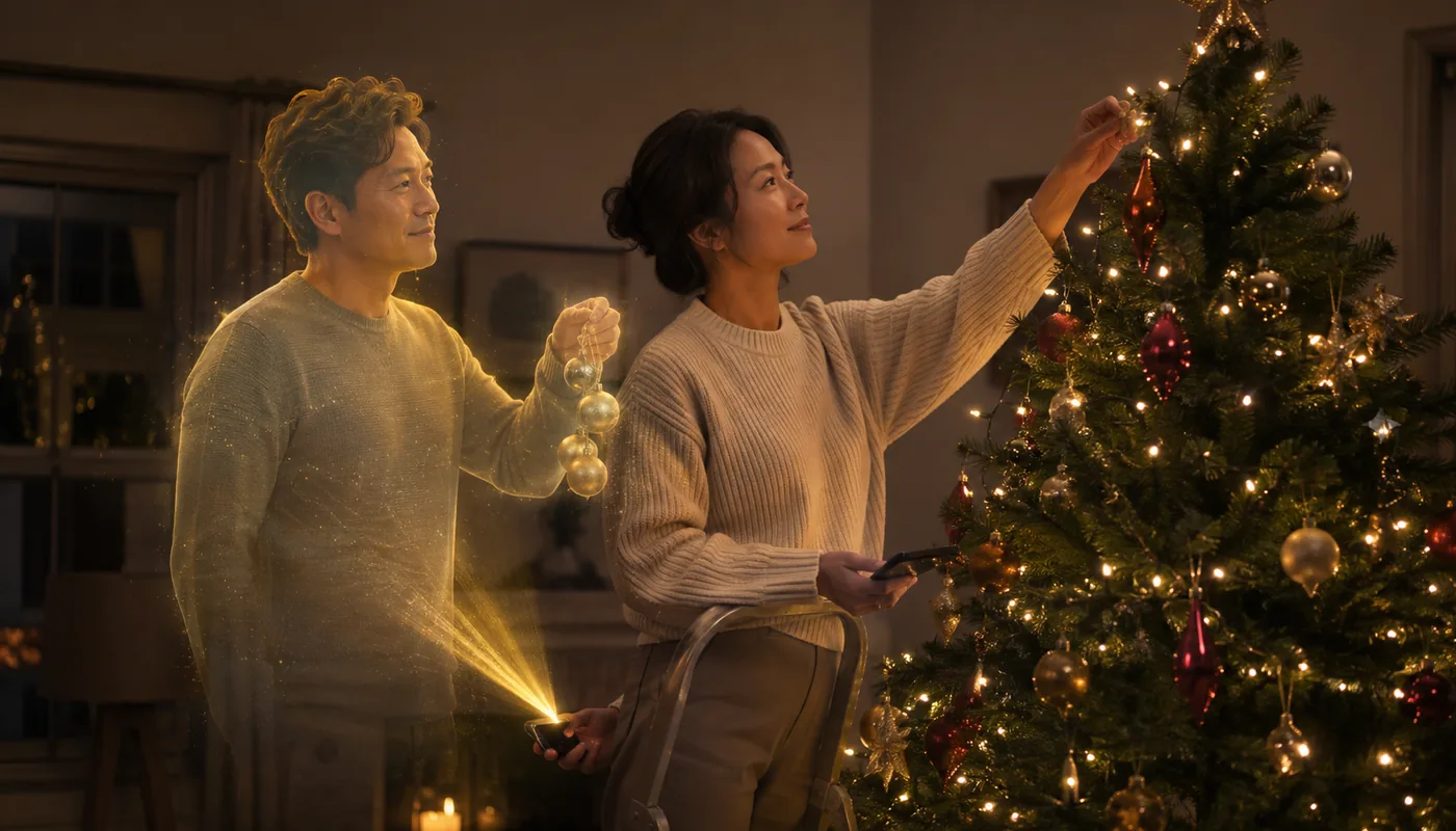 A woman hanging decorations on a Christmas tree, a translucent gold synthetic man beside her holding an ornament