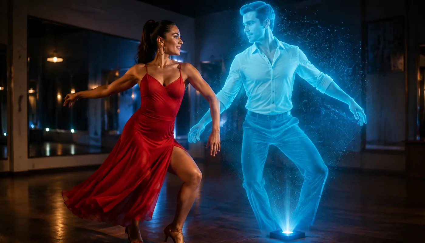 A woman in a red dress dancing with a translucent blue synthetic man in a mirrored dance studio