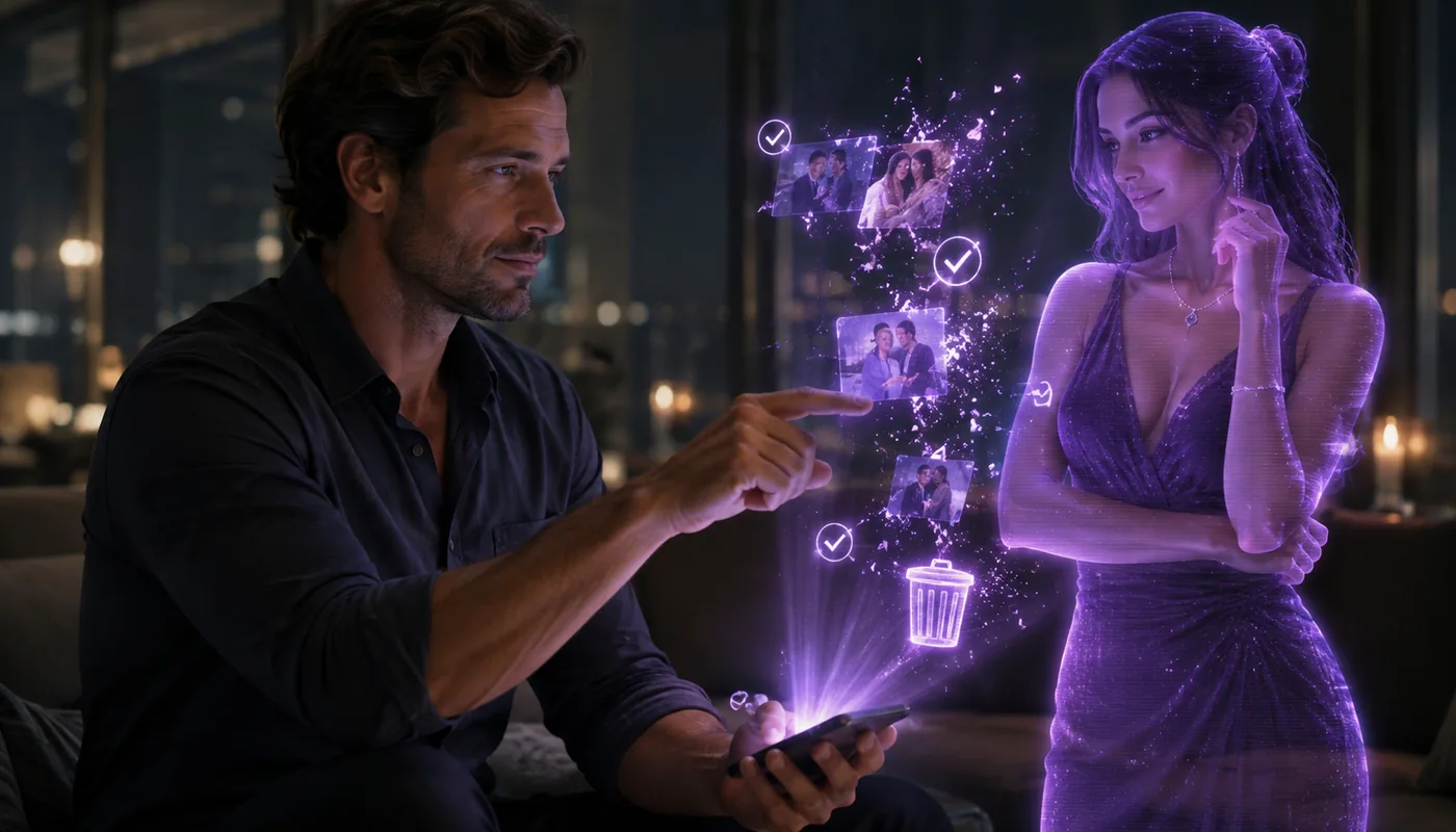 A man tapping his phone as a translucent purple synthetic woman dissolves into fragments beside a bin icon