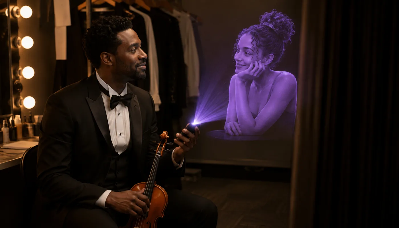 A man in a tuxedo holding a violin in a mirror-lit dressing room, a translucent purple synthetic woman beside him