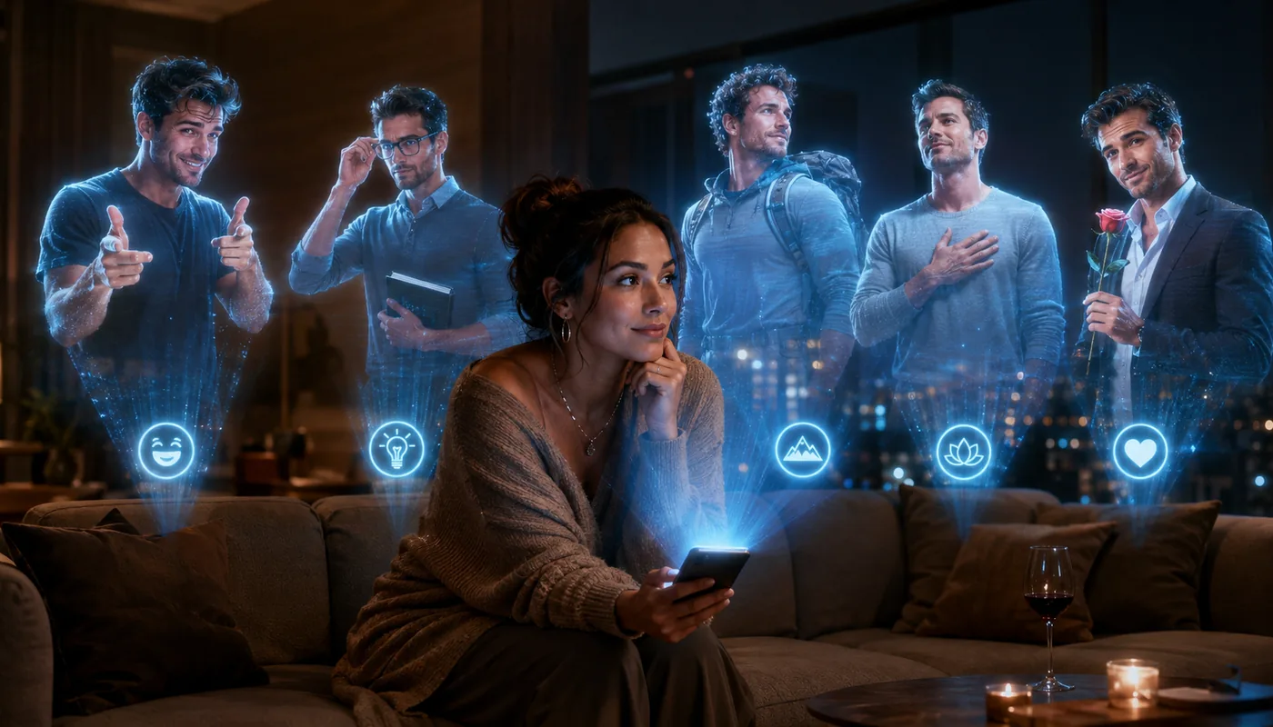 A woman on a sofa looking at five translucent blue synthetic men standing in a row, small icons floating in front of them