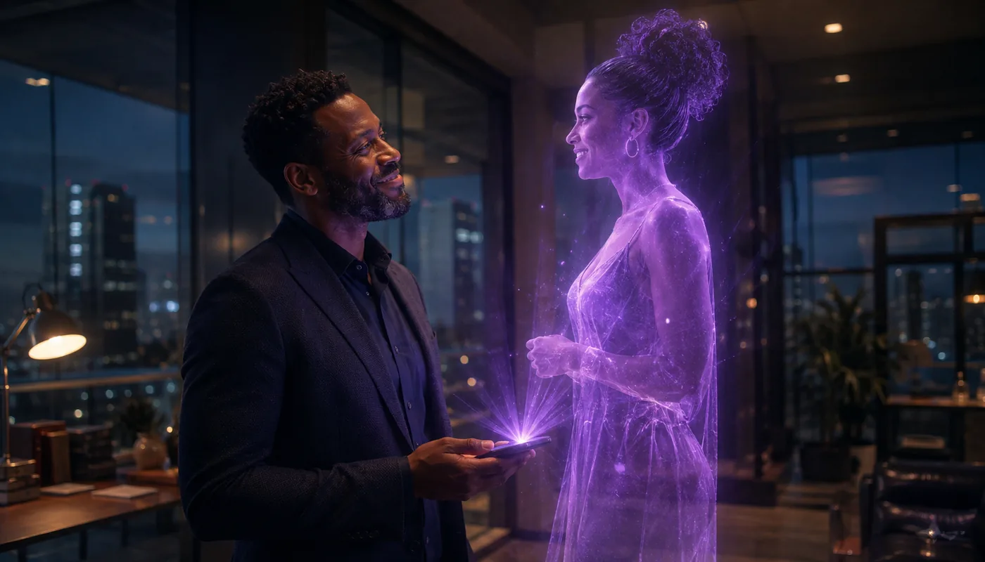 A man standing in a glass-walled apartment at night, a translucent purple synthetic woman facing him, the city lit behind
