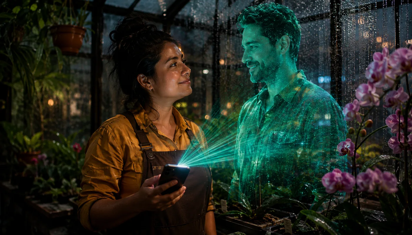 A woman in a greenhouse among orchids and hanging plants, a translucent green synthetic man facing her