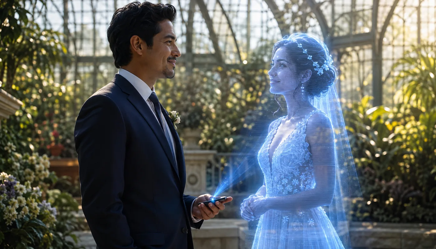 A man in a dark suit in a glasshouse, a translucent blue synthetic woman in a white gown facing him
