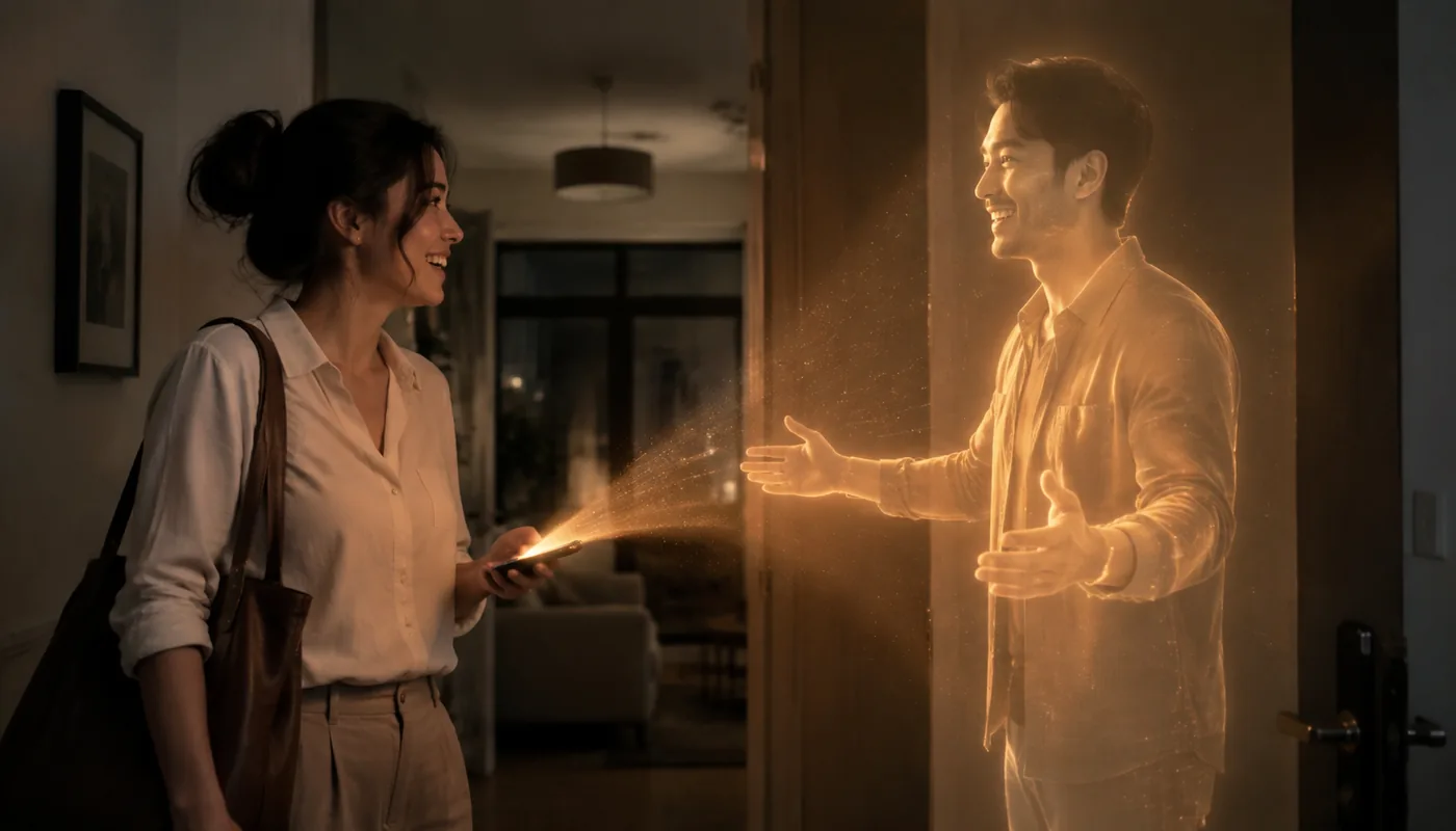 A woman coming home with a bag over her shoulder, a translucent gold synthetic man greeting her in the hallway