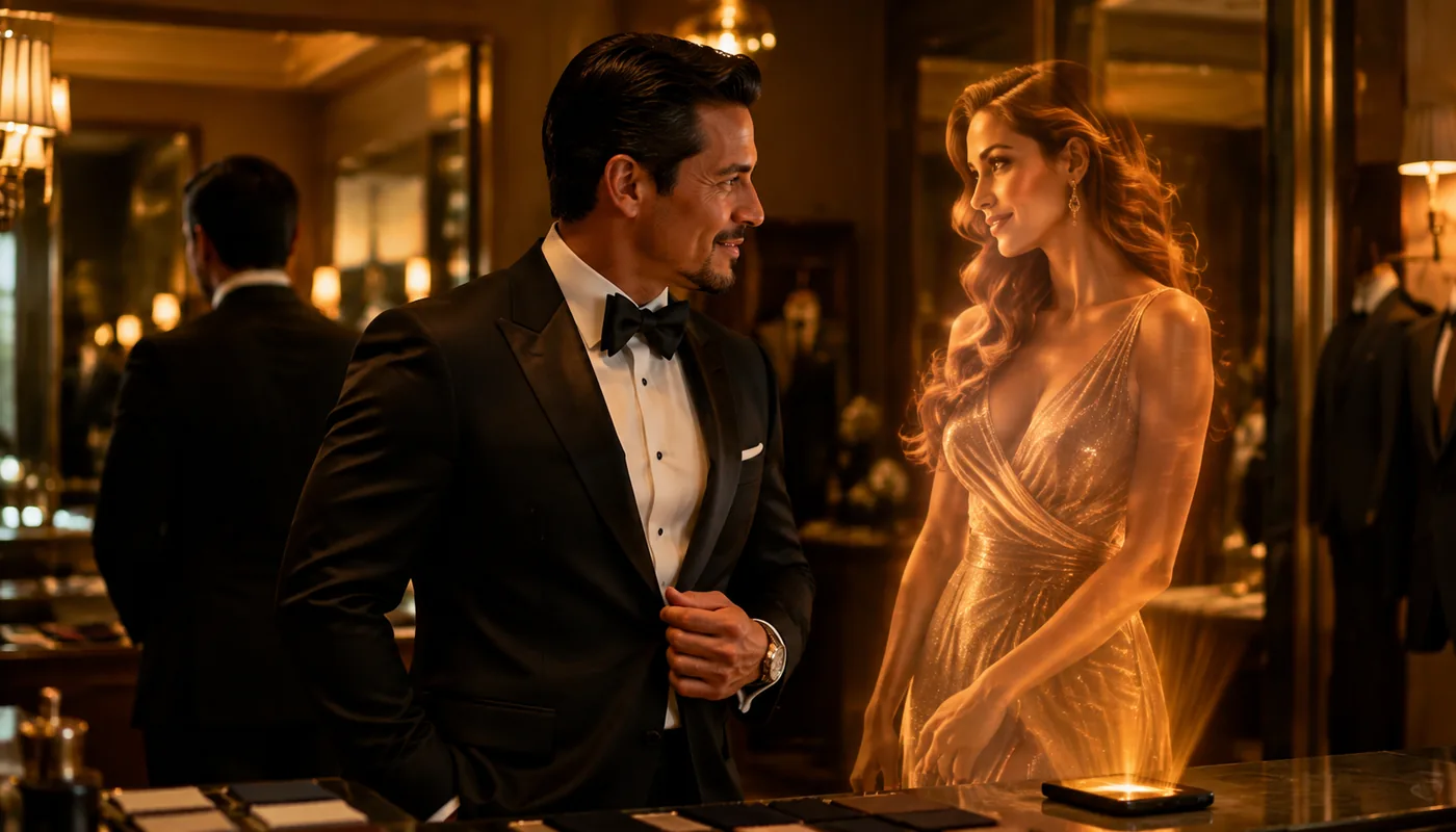 A man in a tuxedo in a mirrored hotel lobby, a translucent gold synthetic woman in an evening gown beside him