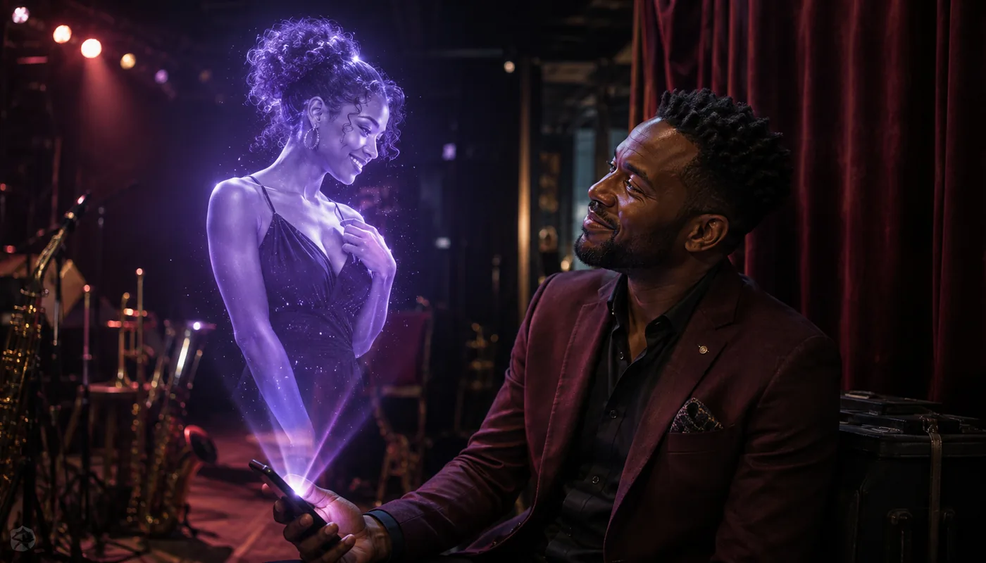 A man seated in a jazz club beside the stage, a translucent purple synthetic woman standing before him among the instruments
