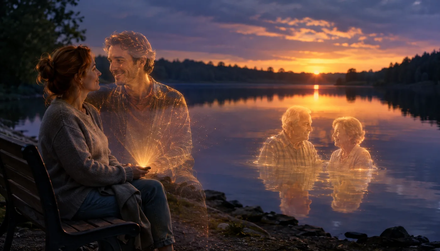 A woman on a lakeside bench at sunset beside a translucent gold synthetic man, an older couple glowing in the water behind them