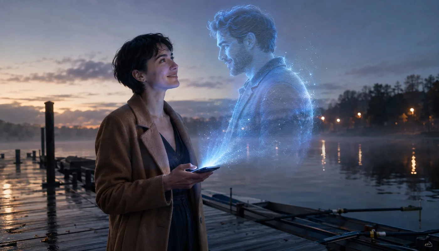 A woman standing on a lakeside jetty at dusk, a translucent blue synthetic man beside her, mist over the water