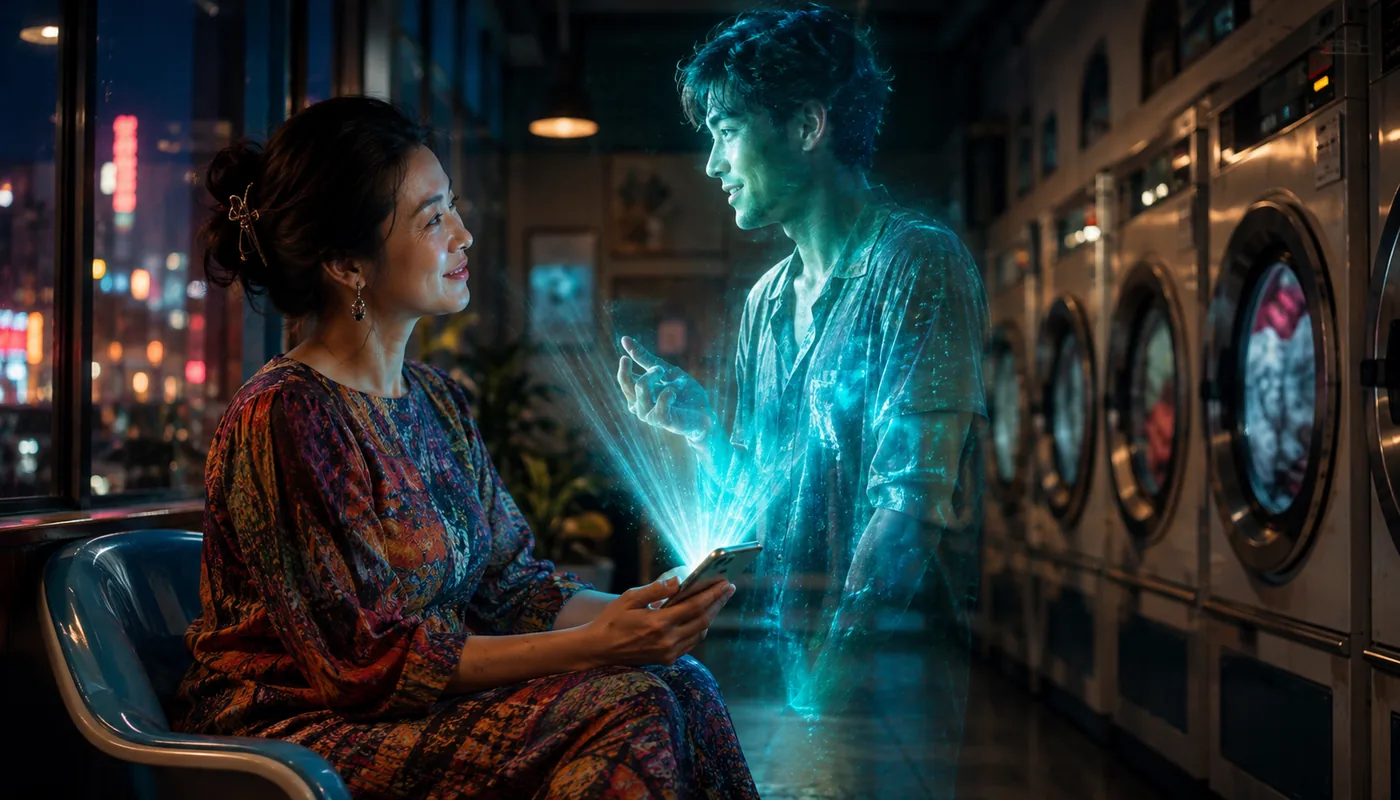 A woman sitting in a launderette at night, a translucent teal synthetic man beside the row of washing machines, neon signs outside