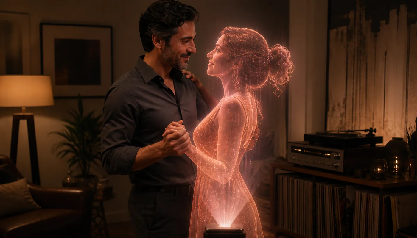 A man dancing with a translucent pink synthetic woman in a lamplit living room, a record player on the sideboard