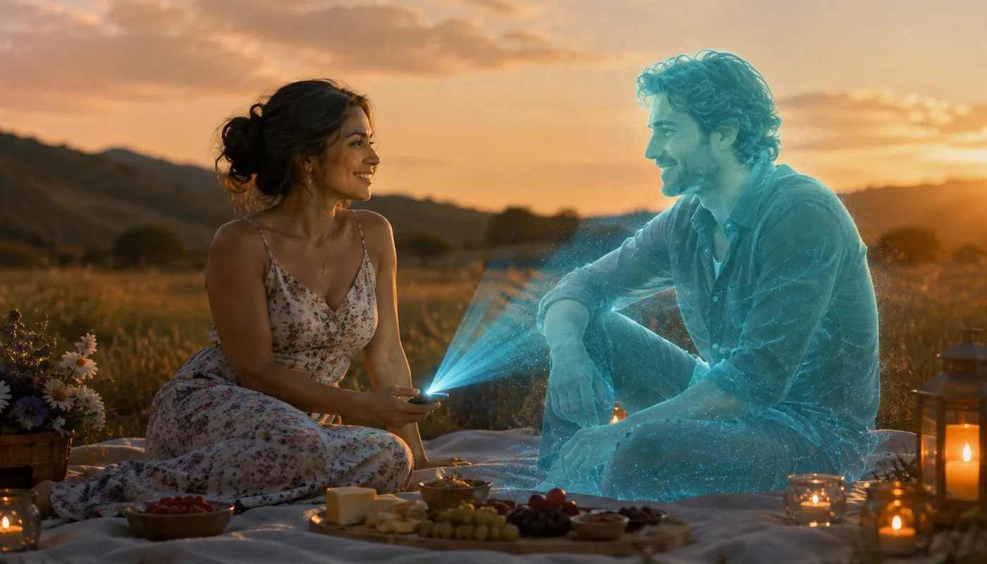 A woman on a picnic blanket in a meadow at sunset, a translucent teal synthetic man sitting across from her