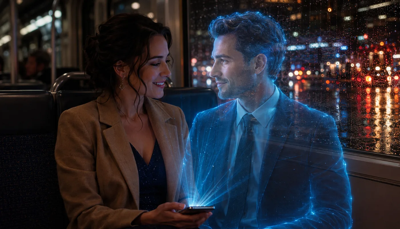 A woman on a night train seat, a translucent blue synthetic man beside her projected from her phone, city lights outside the window