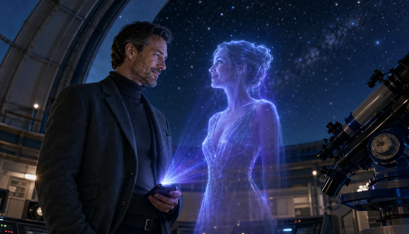 A man in an observatory dome beside a telescope, a translucent blue synthetic woman standing with him under the stars