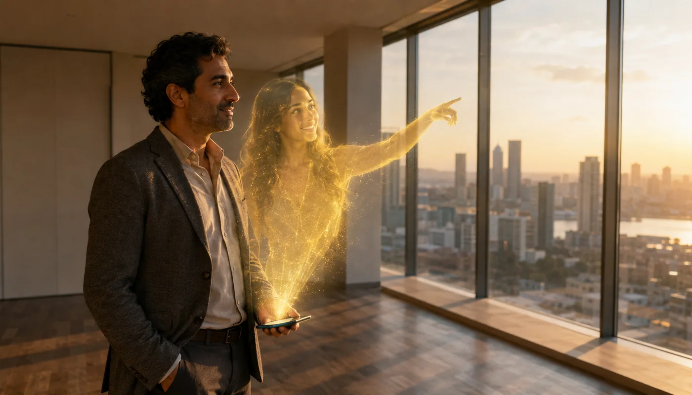 A man standing in a high-rise office at sunrise, a translucent gold synthetic woman pointing out at the city