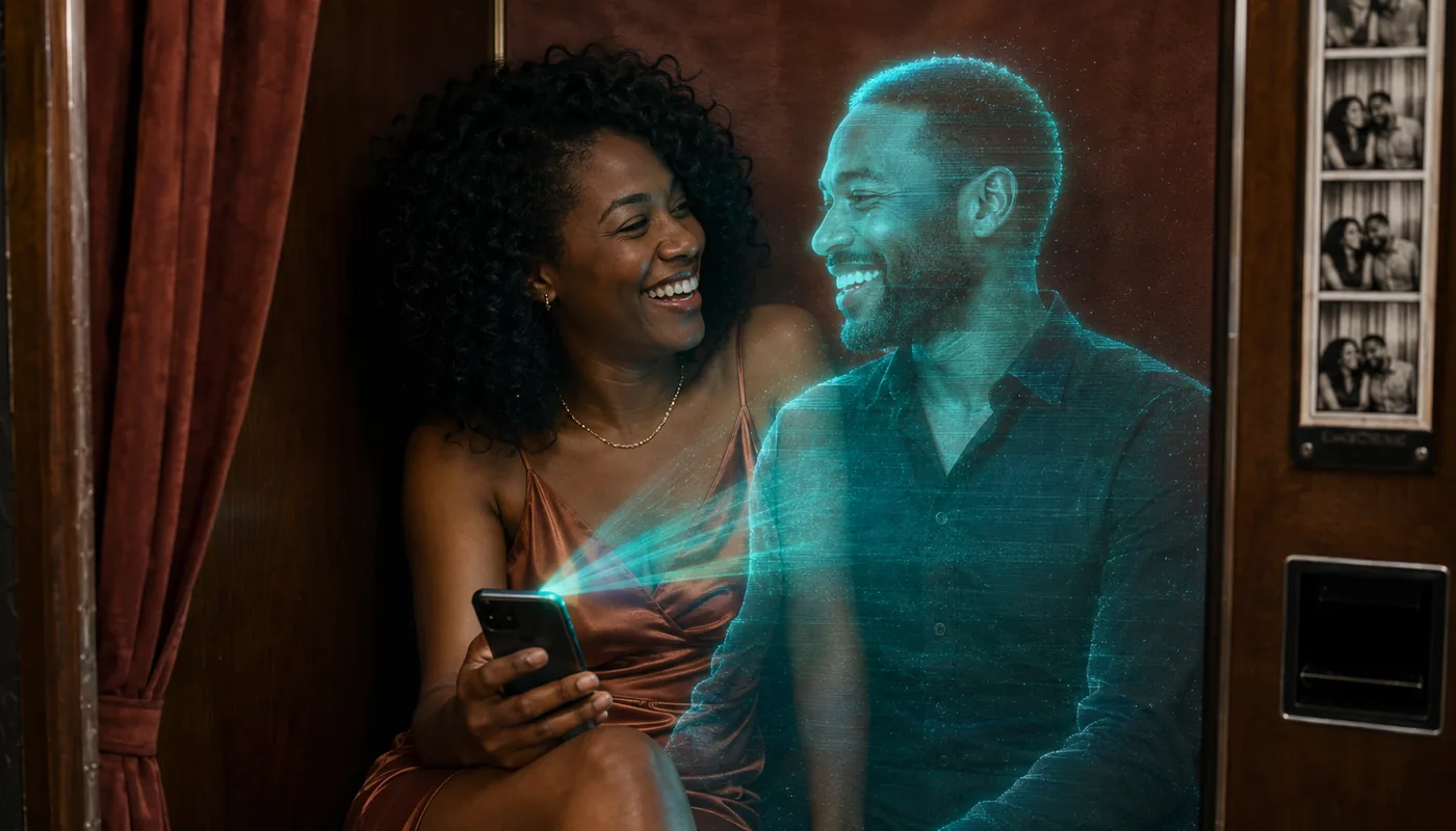 A woman in a photo booth holding her phone, a translucent teal synthetic man leaning in beside her, photo strips on the wall