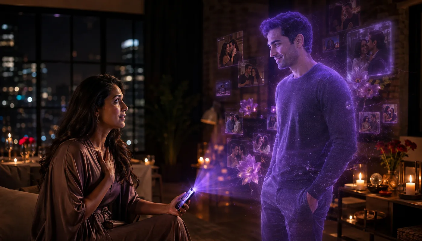 A woman in an apartment beside a wall of photographs, a translucent purple synthetic man standing among floating pictures