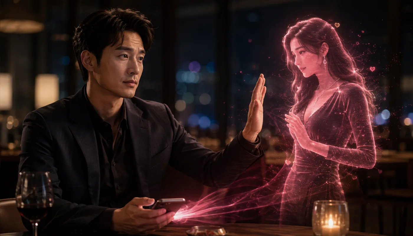 A man at a table at night raising a hand toward a translucent red synthetic woman