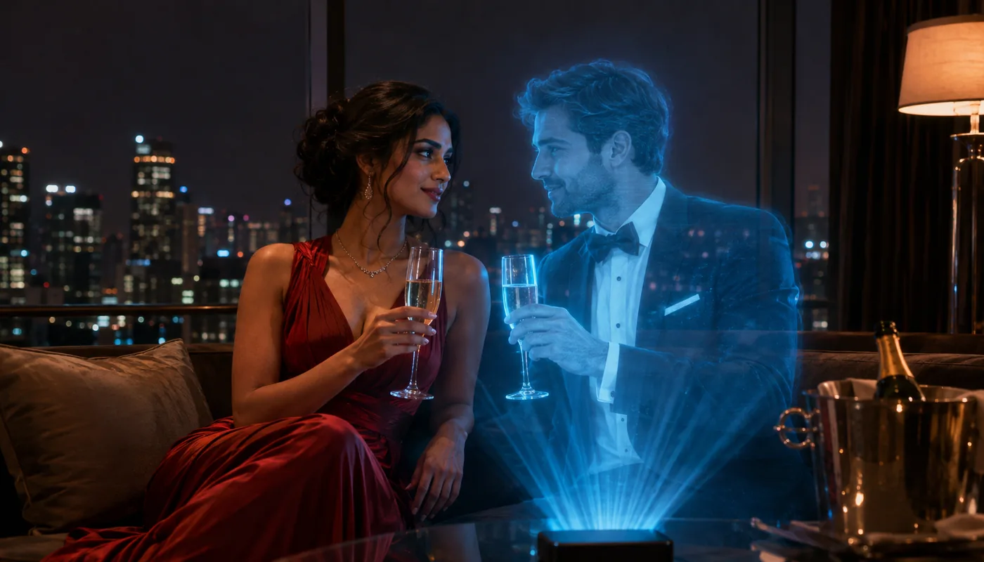 A woman in a red gown raising a champagne flute, a translucent blue synthetic man in a tuxedo toasting with her
