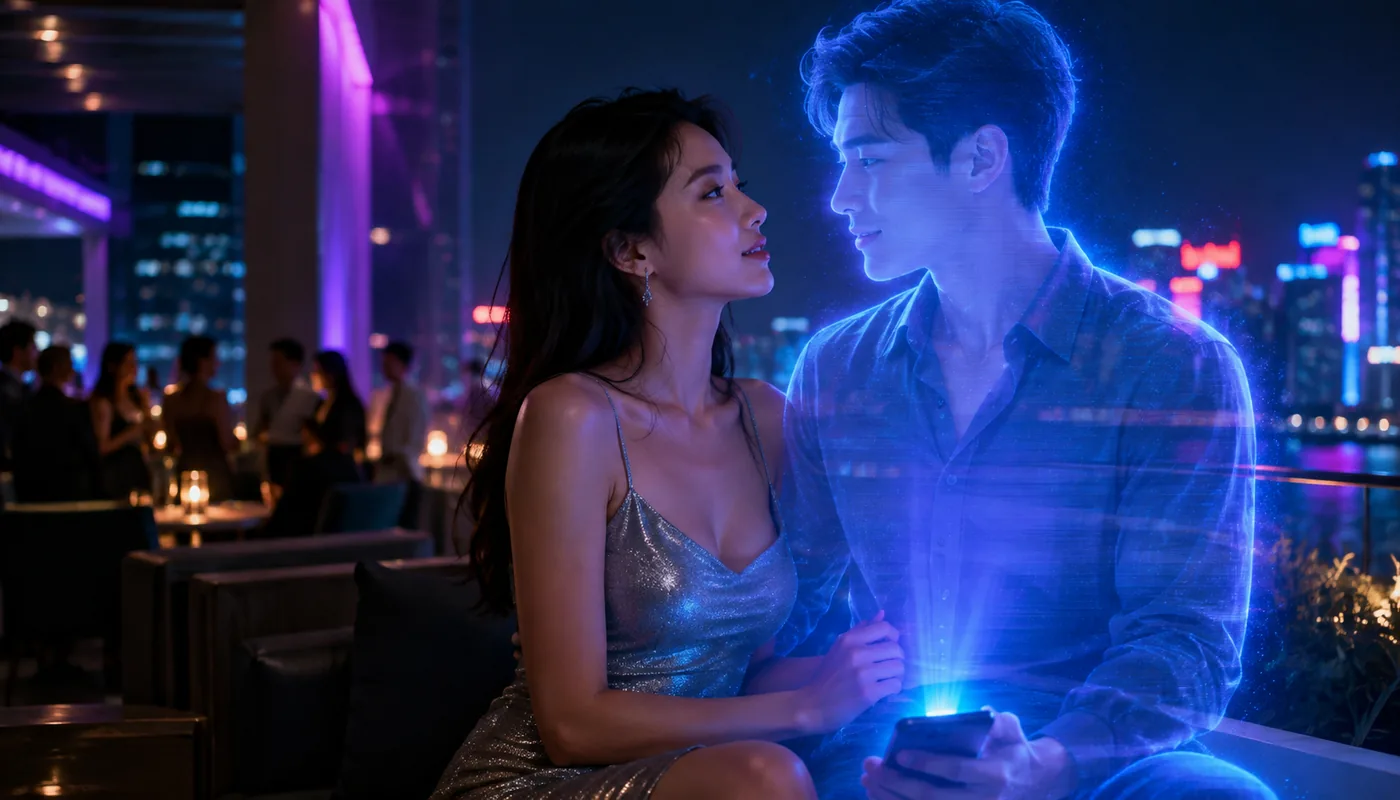 A woman in a sequinned dress at a rooftop bar at night, a translucent blue synthetic man leaning close
