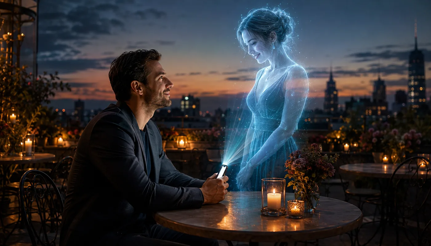 A man at a rooftop cafe table at dusk, a translucent blue synthetic woman standing across from him, a candle between them