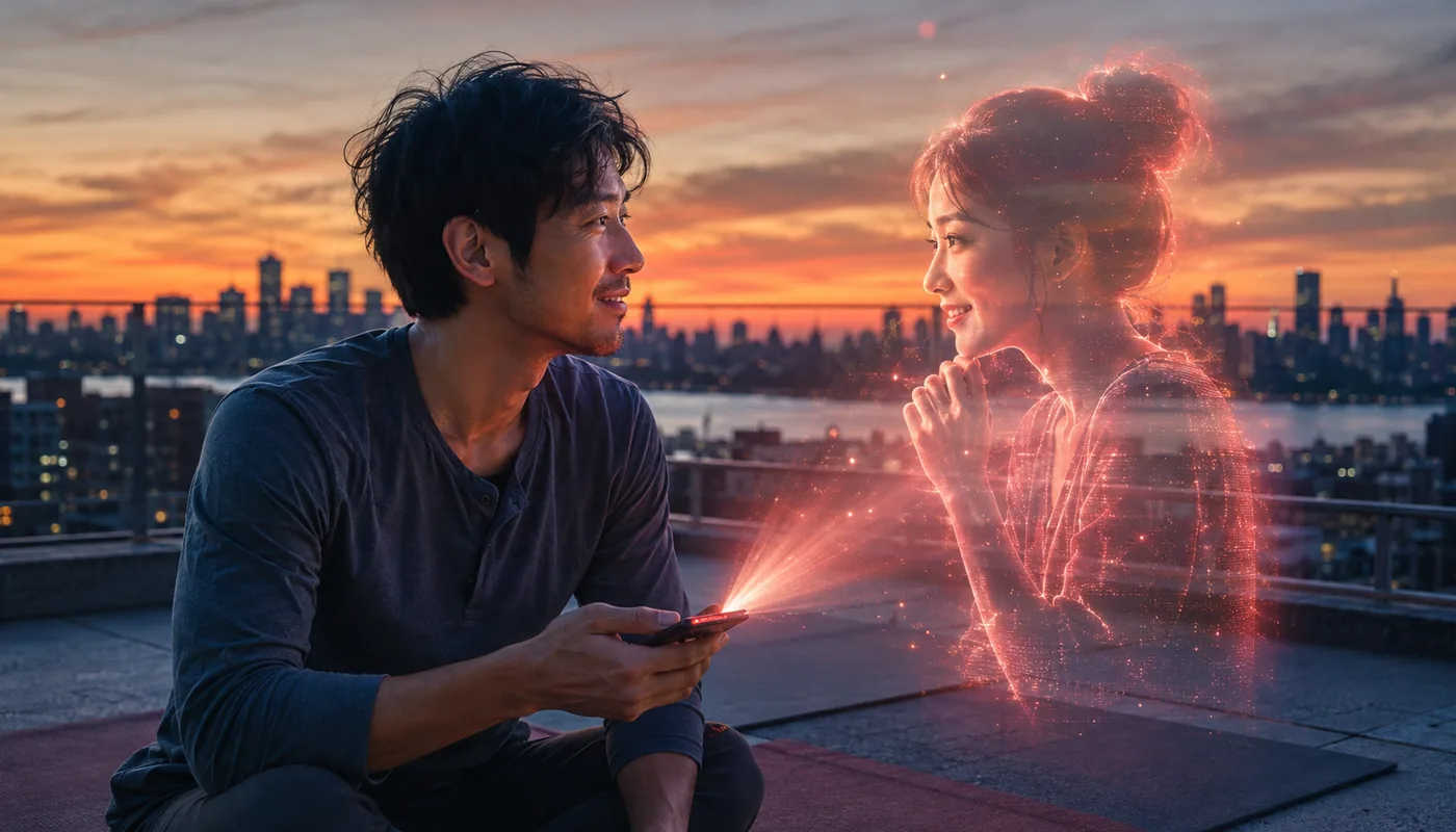 A man sitting on a rooftop at dusk facing a translucent pink synthetic woman, the city skyline behind them