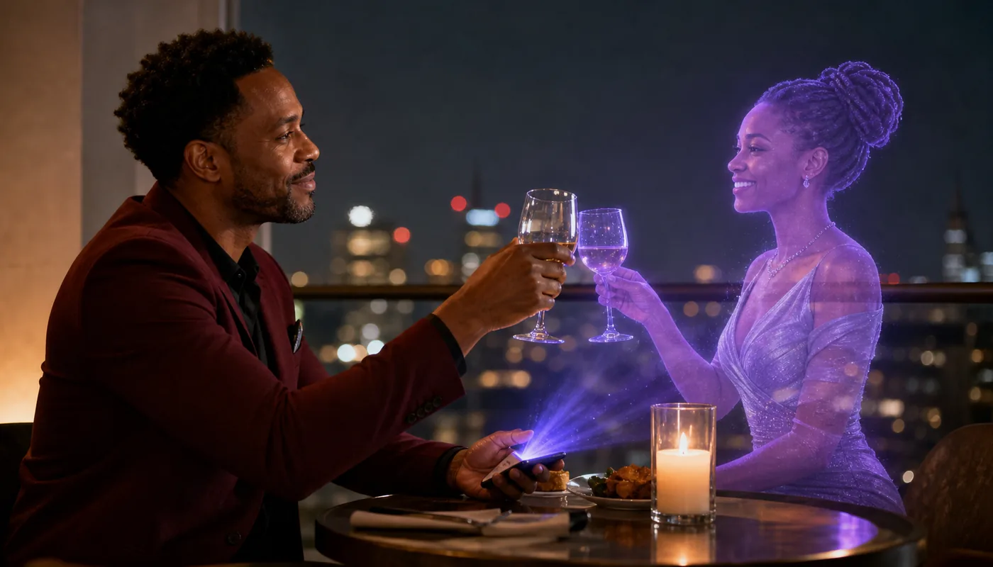 A man raising a glass at a rooftop bar at night, a translucent purple synthetic woman toasting back