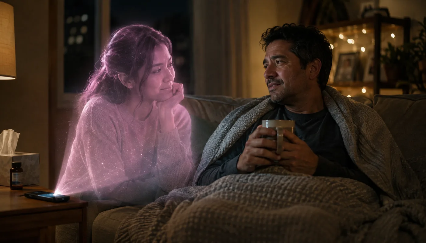 A man under a blanket on a sofa holding a mug, a translucent pink synthetic woman sitting beside him