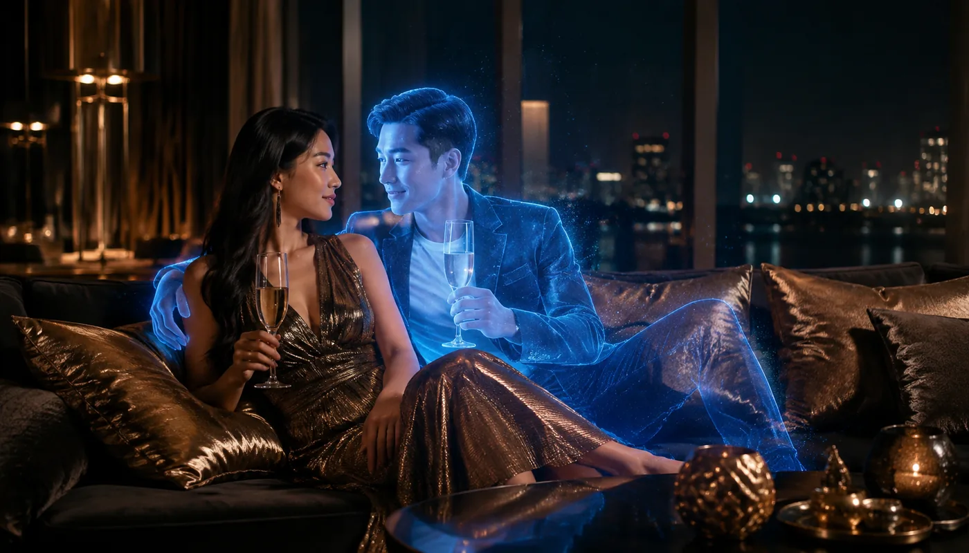 A woman on a sofa holding a glass, a translucent blue synthetic man sitting beside her, the city outside