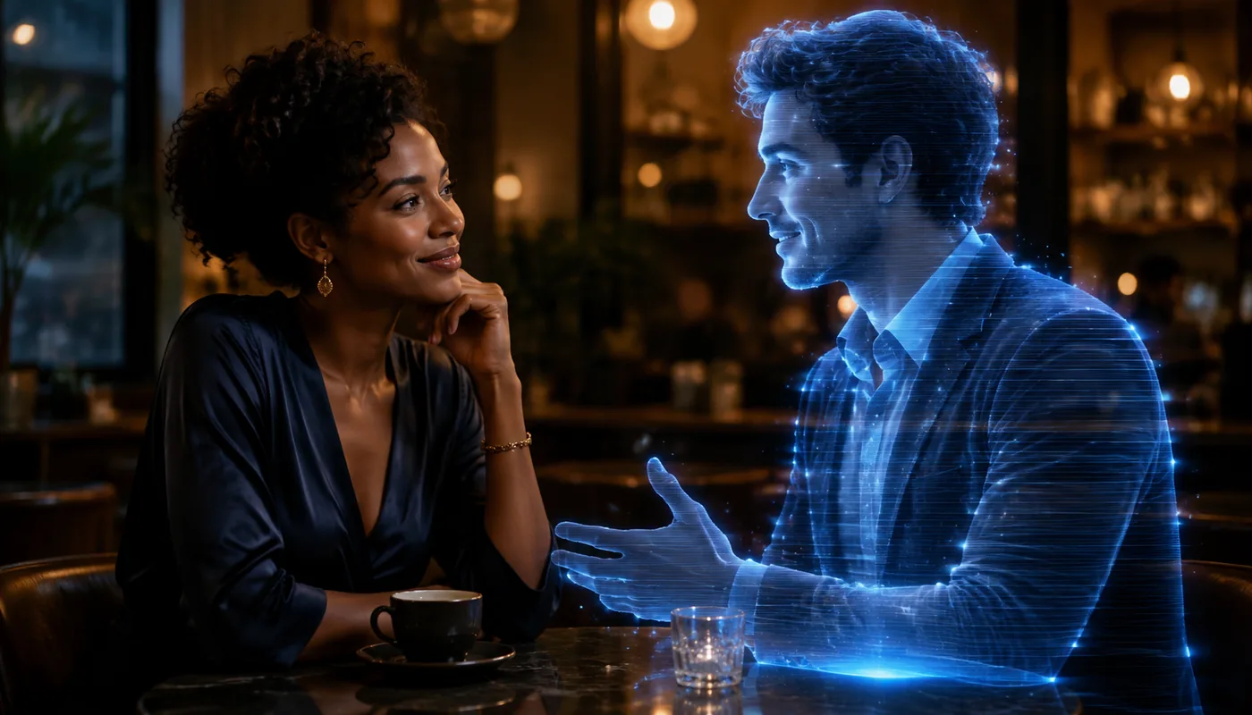 A woman at a table at night listening to a translucent blue synthetic man gesturing as he talks