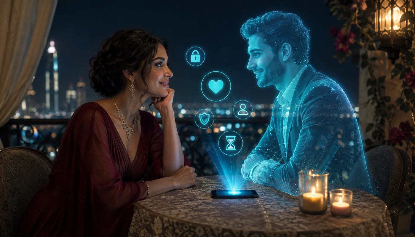A woman at a terrace table at night, a translucent blue synthetic man across from her, padlock, heart and hourglass icons floating between them