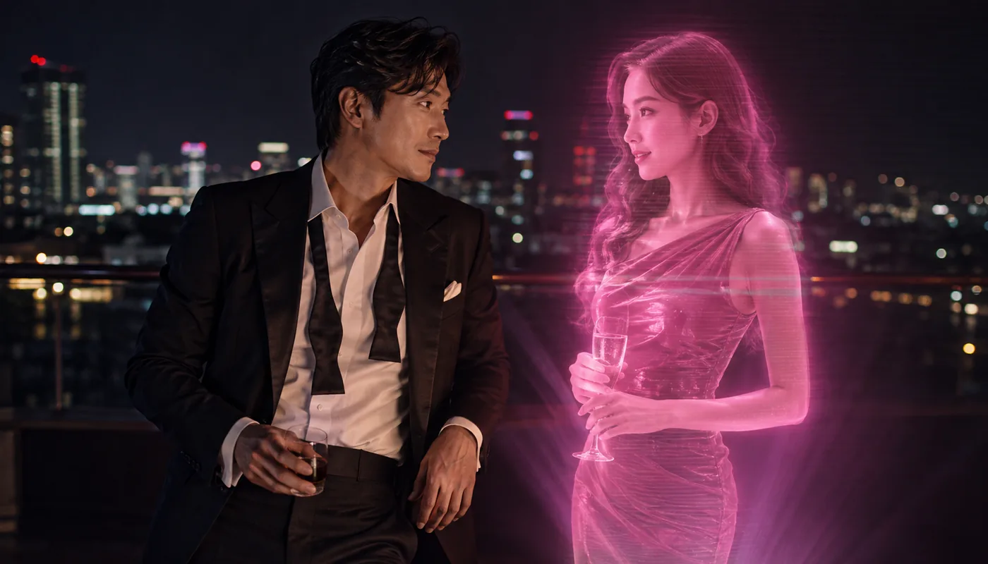 A man in a suit on a rooftop terrace at night, a translucent pink synthetic woman holding a glass beside him