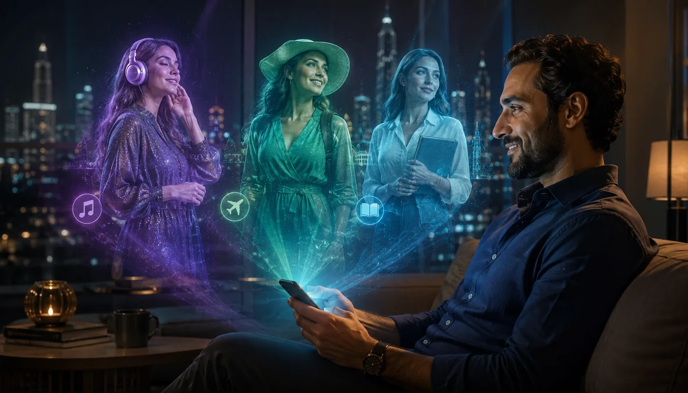 A man on a sofa at night looking at three translucent synthetic women in purple, green and blue, small icons floating beside them