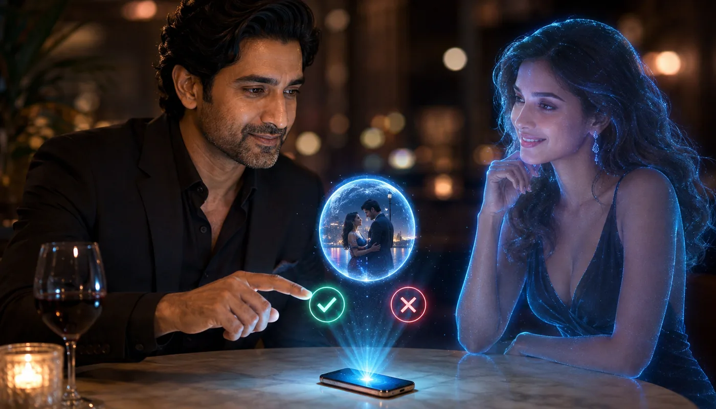 A man at a table at night pointing at a green tick and a red cross floating above his phone, a translucent blue synthetic woman beside him