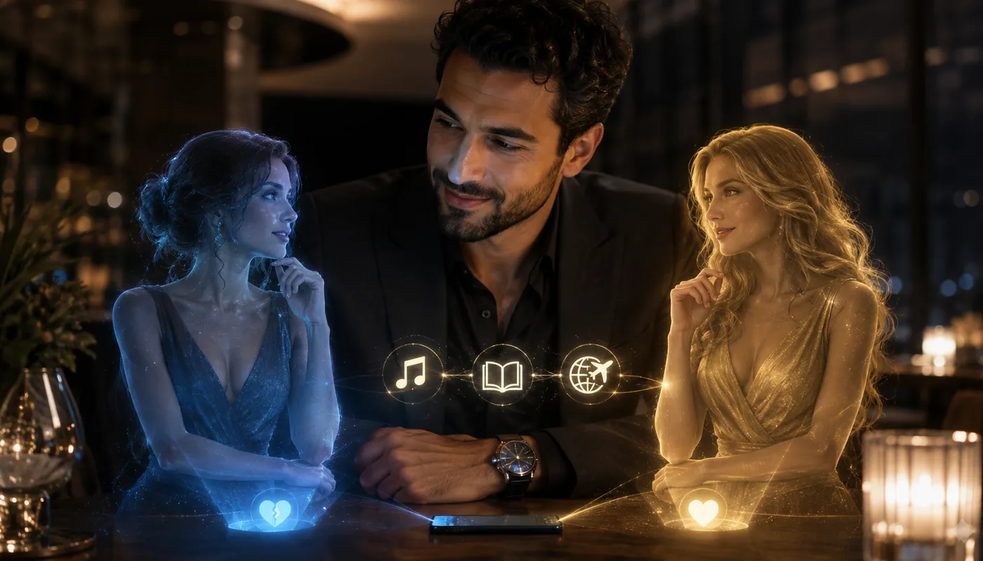 A man at a table at night between a translucent blue and a translucent gold synthetic woman, small interest icons floating between them