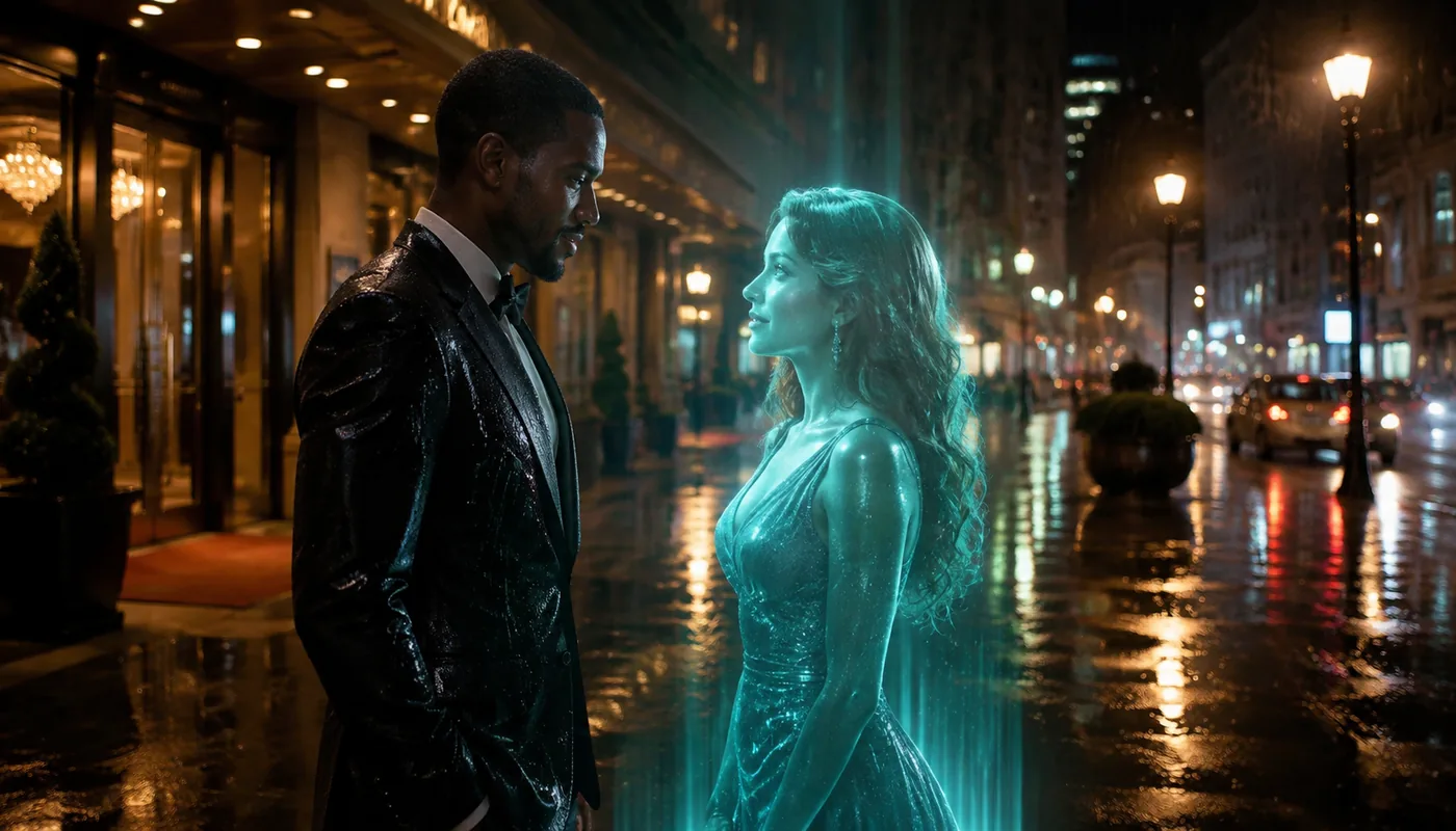 A man in a leather jacket on a rain-wet city street at night, a translucent teal synthetic woman facing him under the streetlights