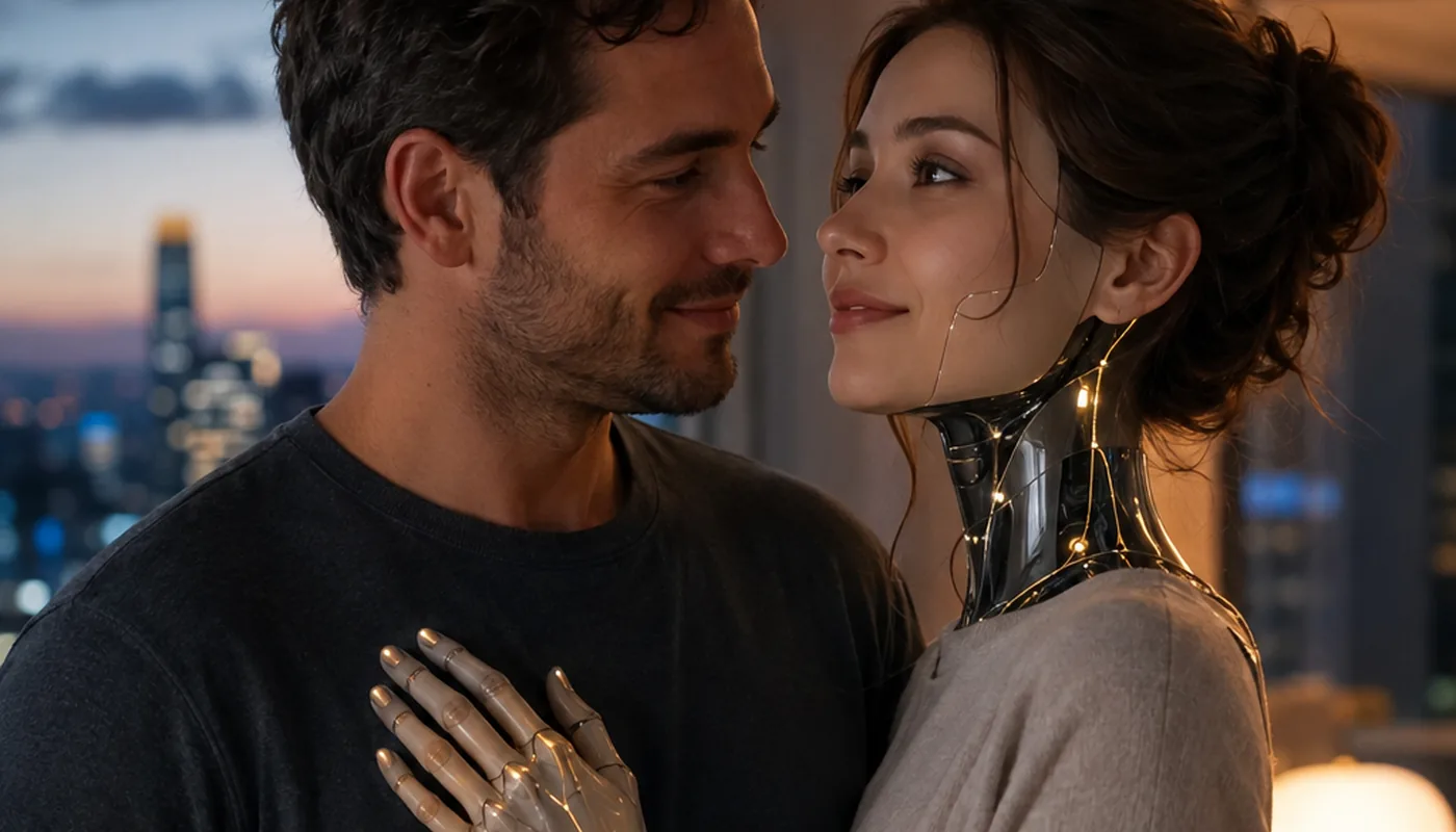 A man and a synthetic woman standing close together in a high-rise apartment at dusk, her hand resting on his chest