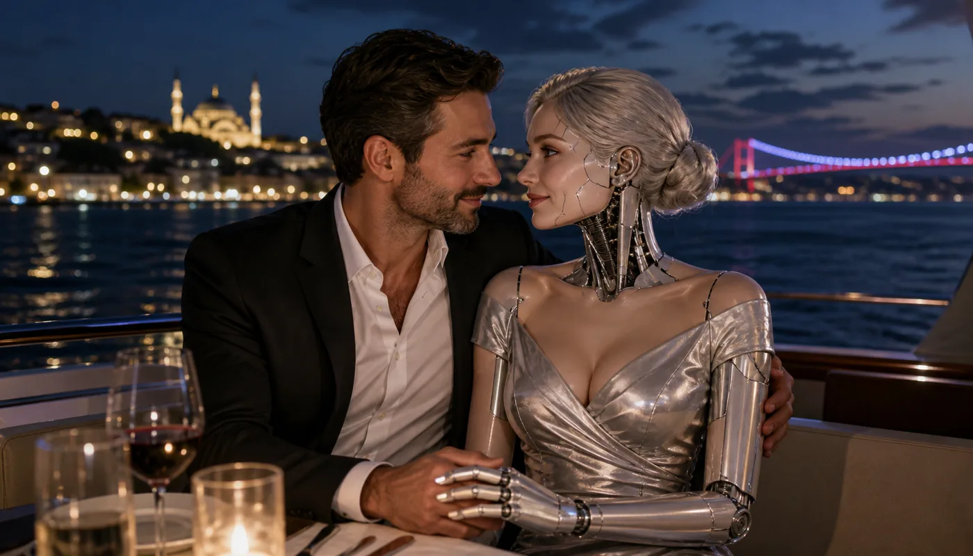 A man and a synthetic woman seated together on a boat deck at dusk, a lit bridge across the water