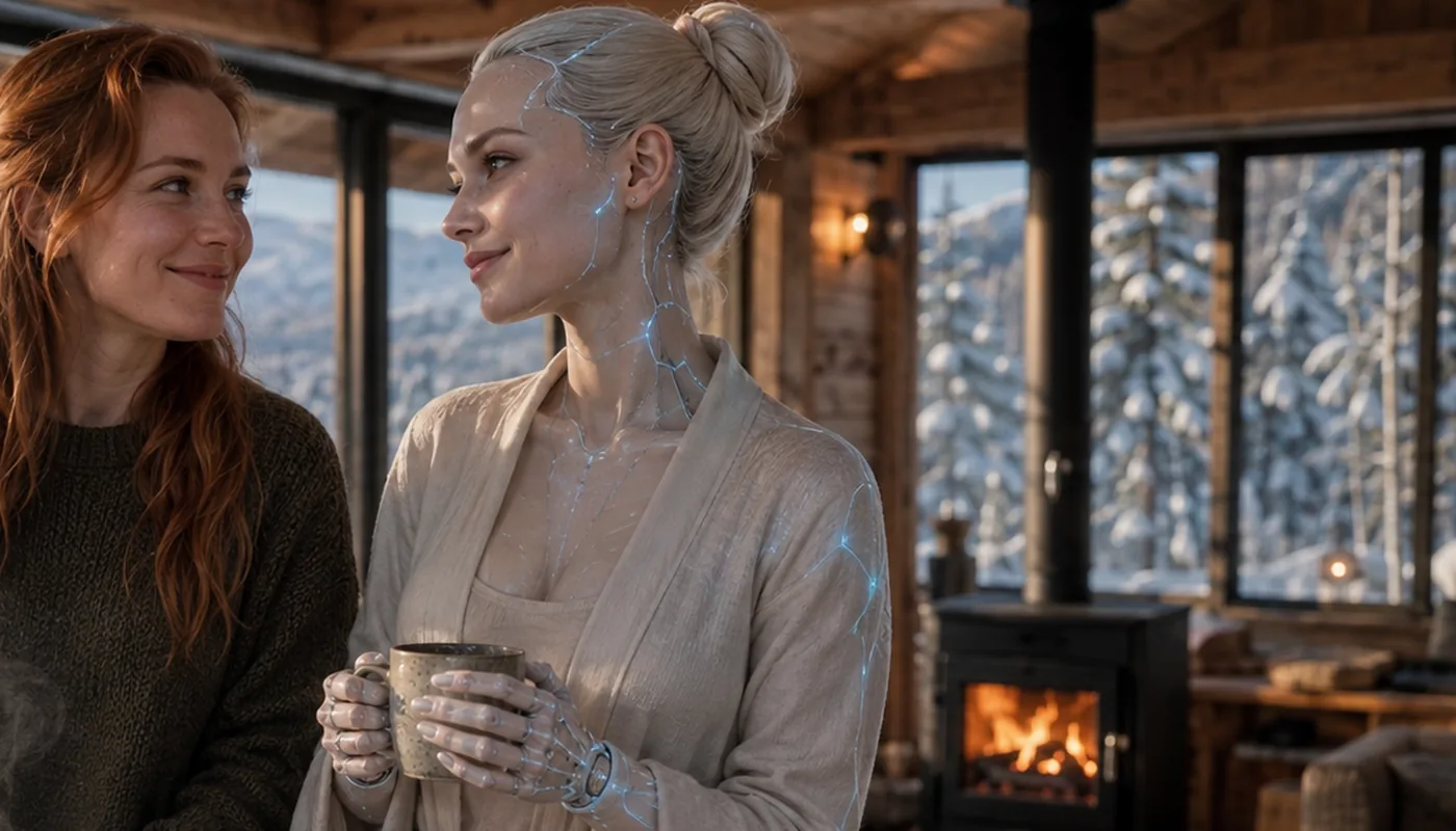 A woman and a synthetic woman standing by the window of a wood cabin, snowy mountains outside and a stove lit behind them