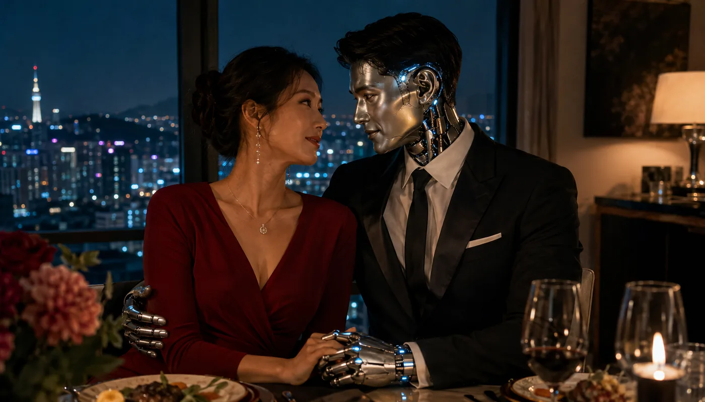A woman and a synthetic man seated at a dinner table in a city apartment, the skyline in the window