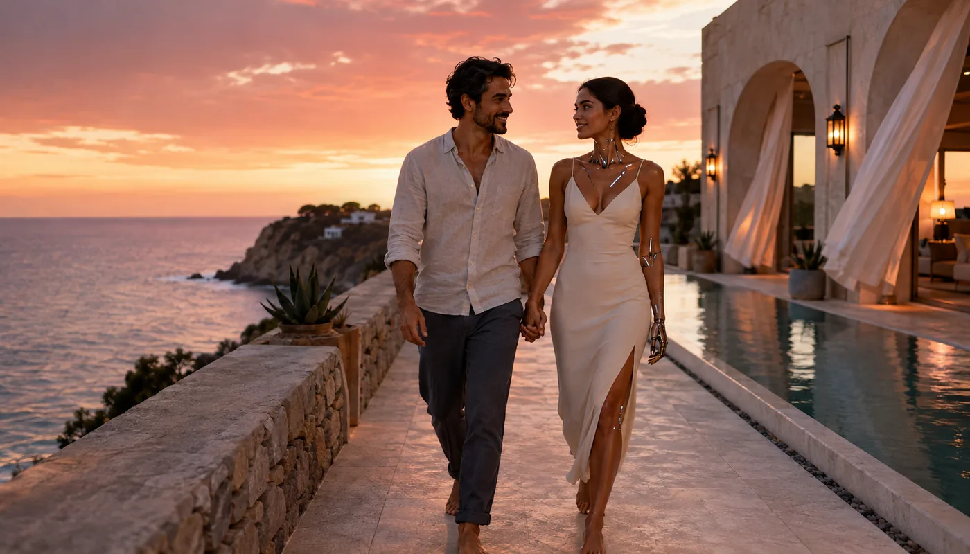 A man and a synthetic woman walking hand in hand along a clifftop terrace at sunset, a pool beside them
