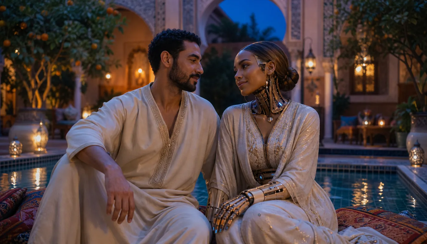 A man and a synthetic woman sitting side by side at the edge of a courtyard pool in the evening
