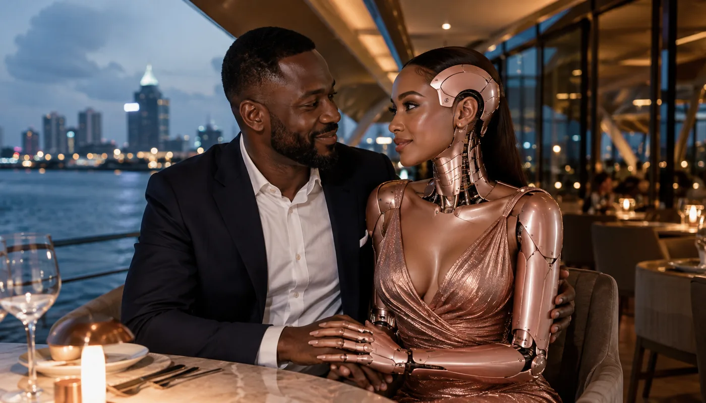 A man and a synthetic woman seated at a harbour-side restaurant table in the evening