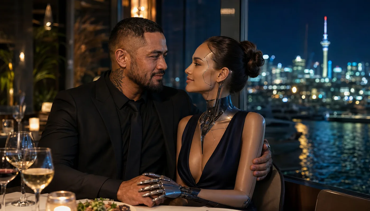 A man and a synthetic woman seated at a waterfront dinner table, a lit tower across the harbour