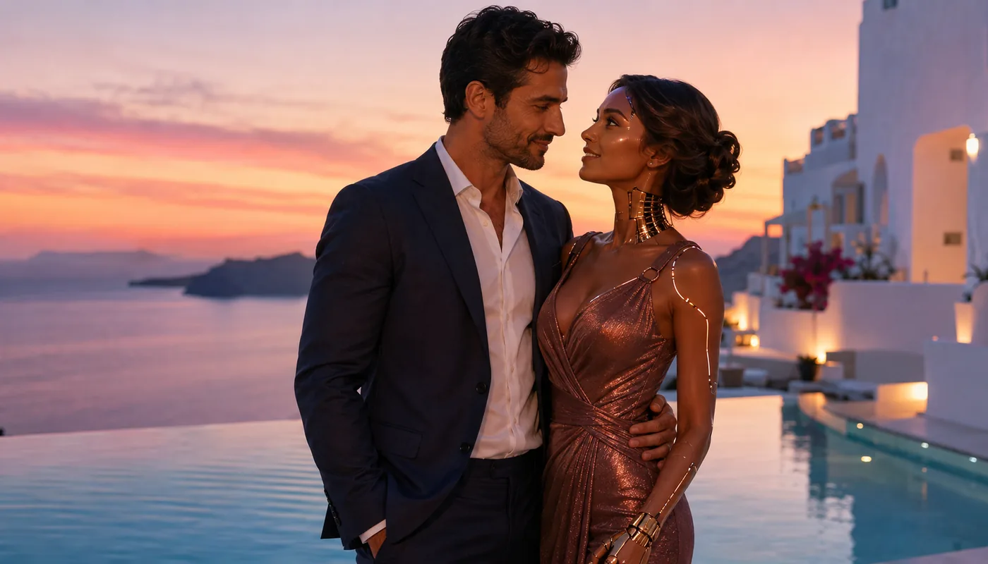 A man and a synthetic woman standing together beside an infinity pool at sunset, white buildings behind them