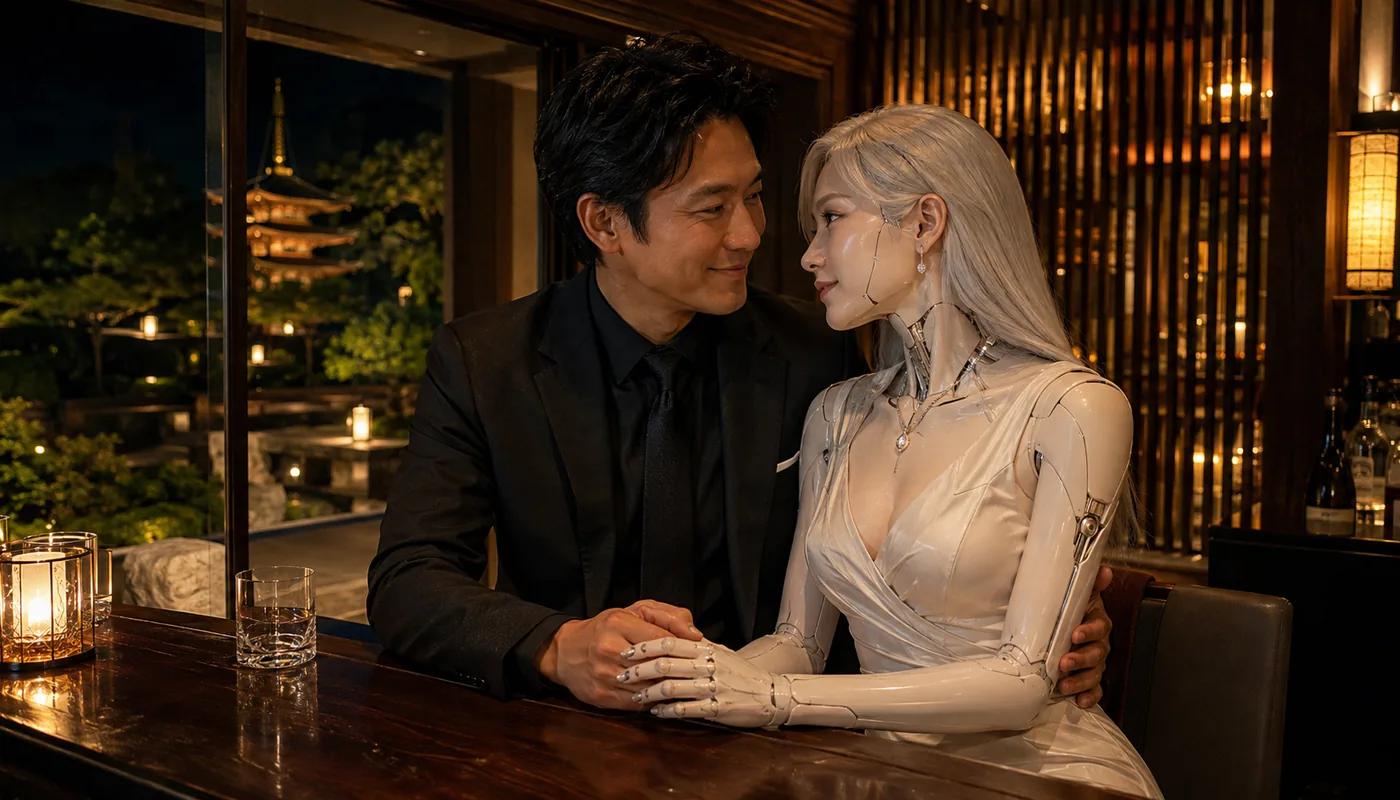 A man and a synthetic woman holding hands across a table in a lantern-lit restaurant, a garden behind the glass